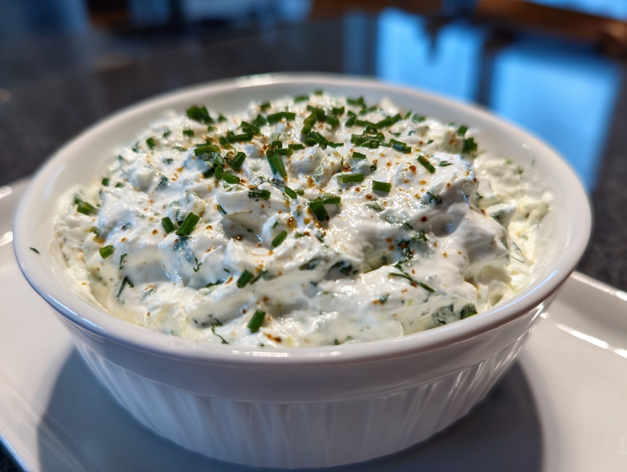 Close-up of a creamy, thick blue cheese dip served in a white bowl and garnished with fresh chopped chives.