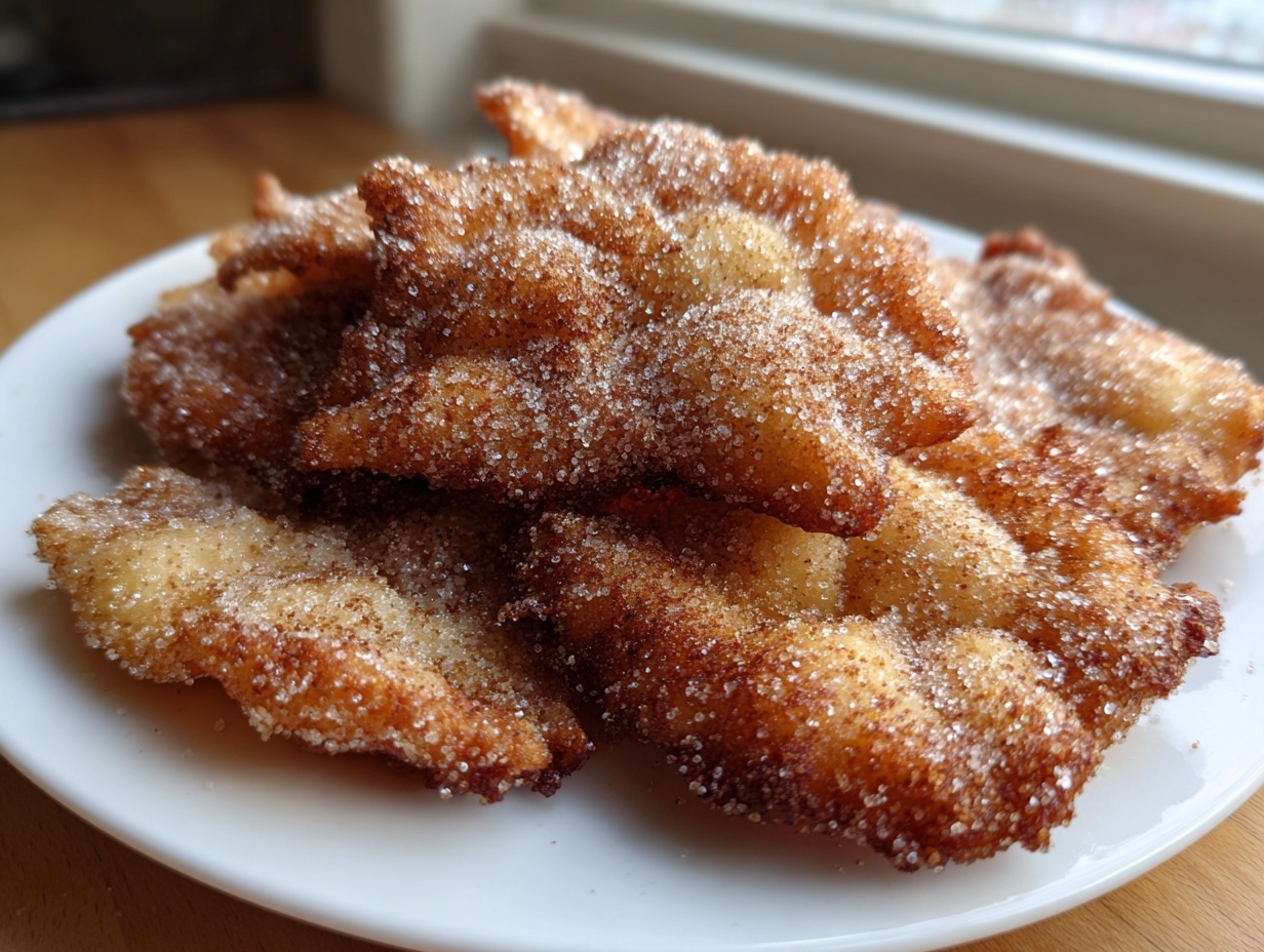 Close-up of several golden brown buñuelos generously coated in sparkling cinnamon sugar on a white plate.