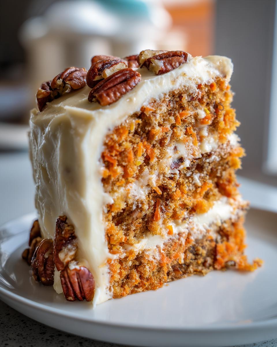 Close-up of a moist slice of carrot cake with candied pecans on top and thick cream cheese frosting.