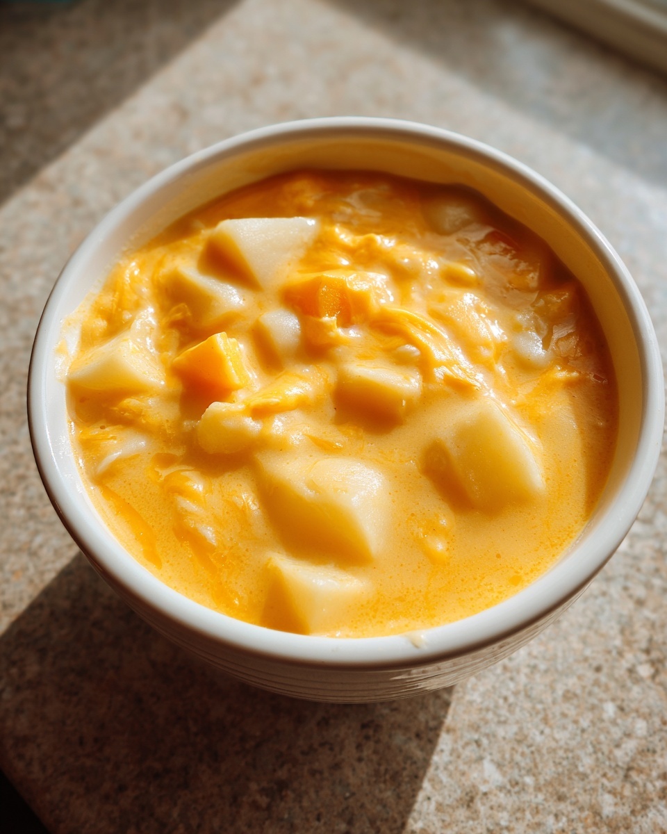 Close-up of a white bowl filled with creamy, bright orange cheese soup containing visible chunks of potato.