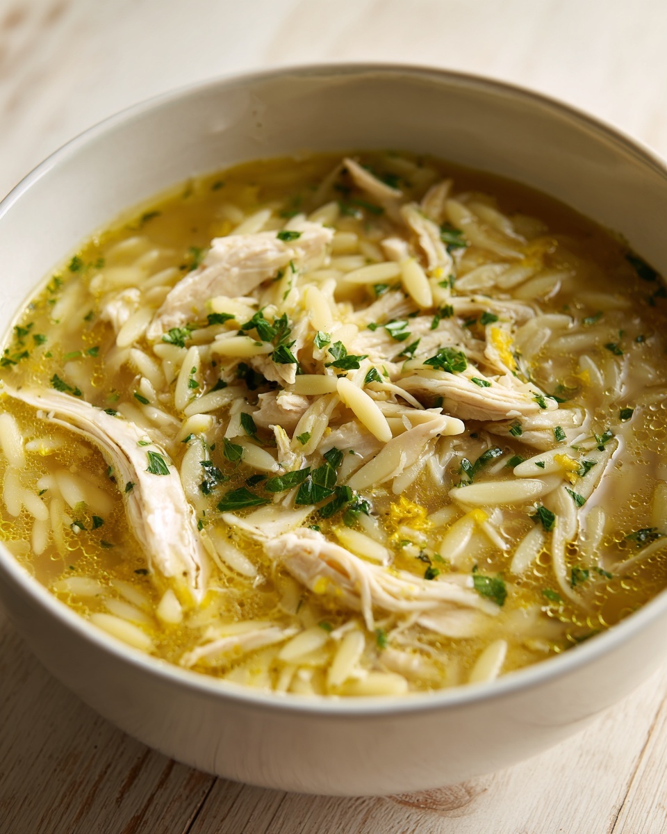 Close-up view of a warm bowl of chicken orzo soup, featuring shredded chicken, orzo pasta, and fresh parsley garnish.