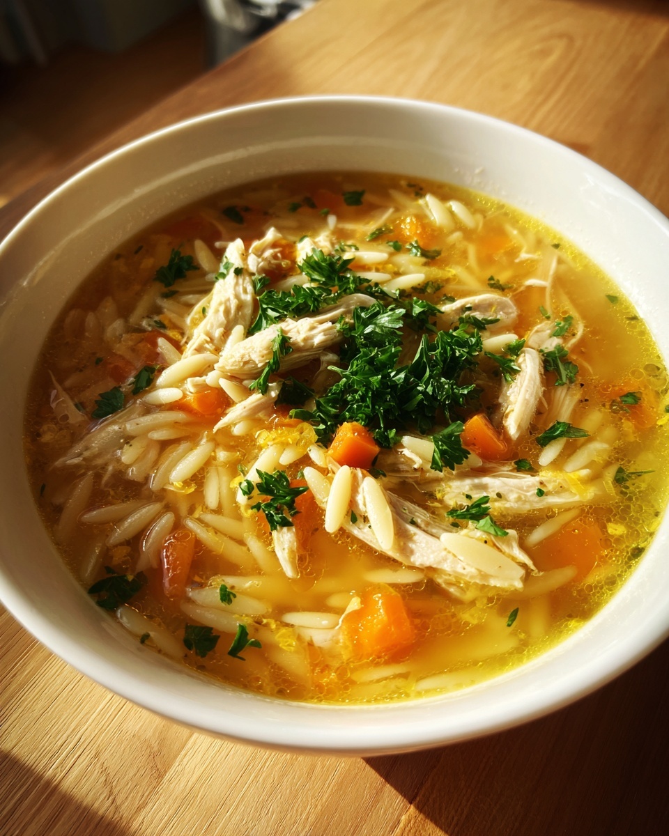 Close-up of a white bowl filled with warm chicken orzo soup, featuring shredded chicken, carrots, and fresh parsley garnish.