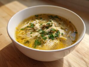 Close-up of a white bowl filled with rich, golden chicken orzo soup, featuring shredded chicken and fresh parsley.