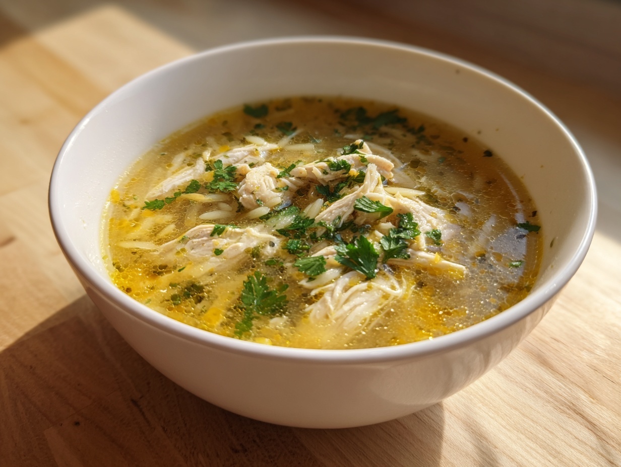 Close-up of a white bowl filled with rich, golden chicken orzo soup, featuring shredded chicken and fresh parsley.