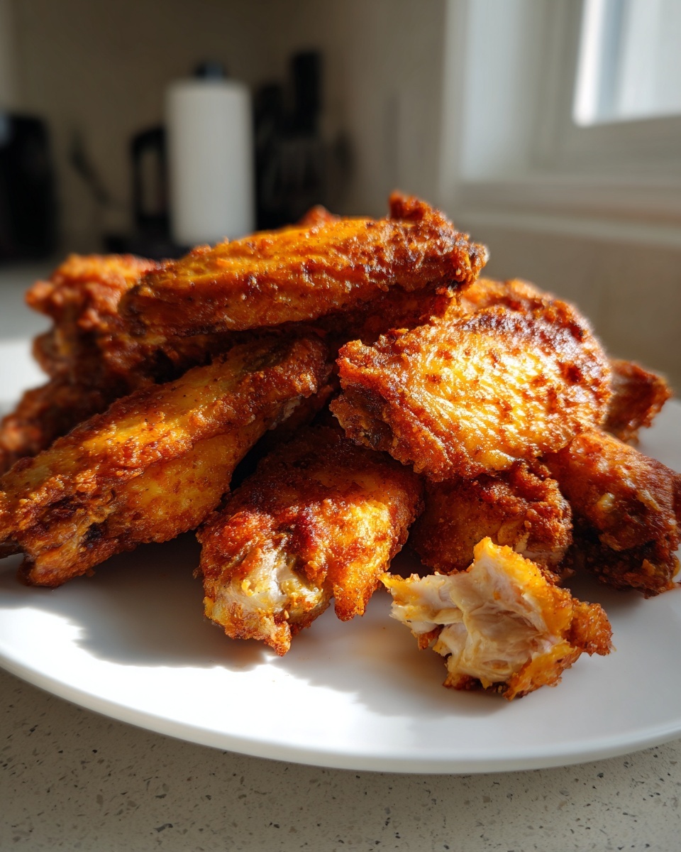 A pile of golden brown, crispy chicken wing pieces resting on a white plate, showing one broken open.