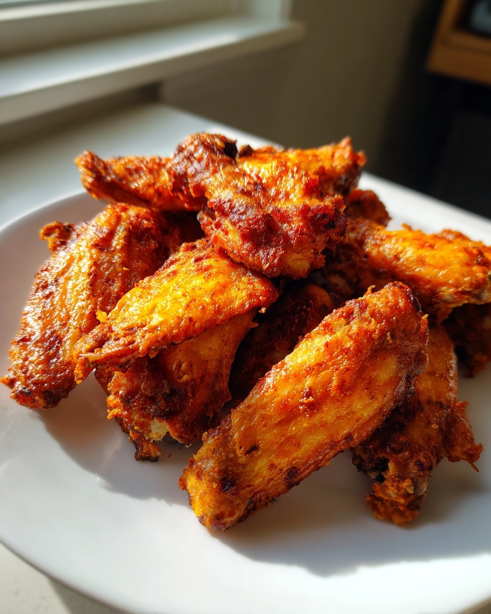 A close-up of a pile of crispy, golden-brown chicken wing pieces served on a bright white plate.