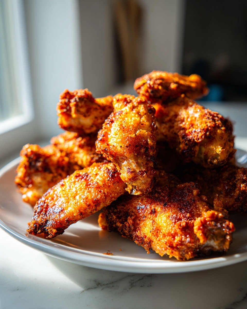A close-up, backlit shot of a pile of perfectly crispy, golden brown chicken wing pieces on a white plate.