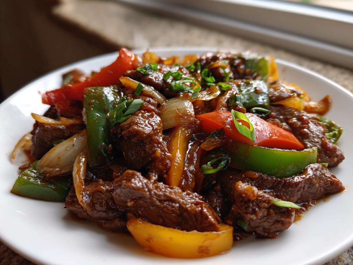 Close-up of flavorful Chinese pepper steak with beef, green, red, and yellow bell peppers, and onions.