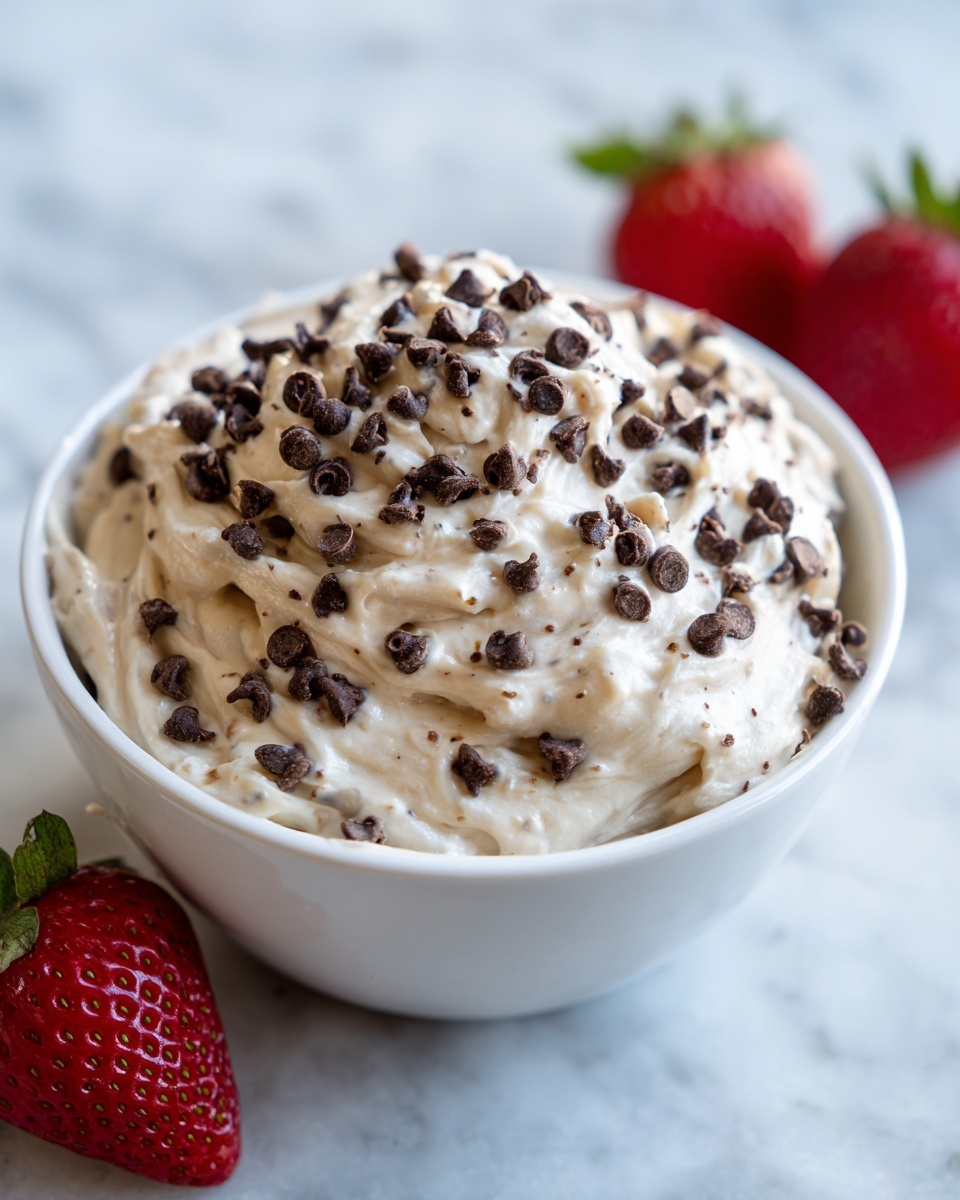 A creamy bowl of 3-ingredient chocolate dip topped with mini chocolate chips, served with fresh strawberries.