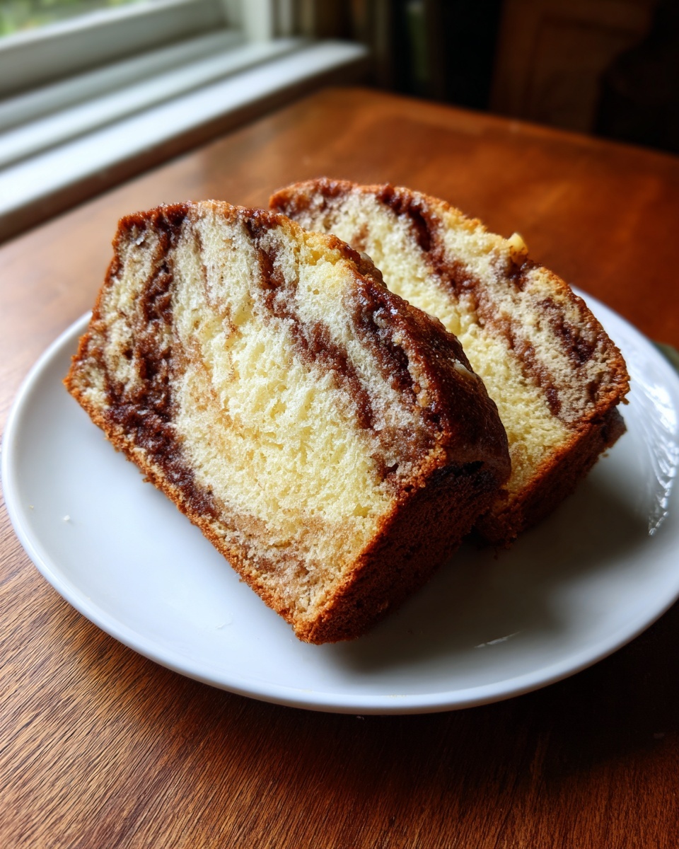 Two thick slices of amazing cinnamon bread showing a beautiful swirl pattern, served on a white plate.