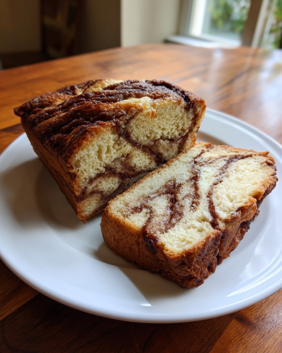Close-up of a sliced loaf of amazing cinnamon bread showing the rich, dark cinnamon swirl pattern inside the soft bread.