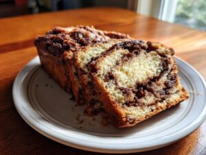 A loaf of amazing cinnamon bread, sliced to show the rich interior swirl, served on a white plate.