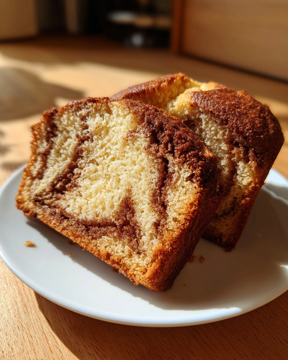 Two slices of amazing cinnamon bread showing a beautiful light and dark swirl pattern on a white plate.