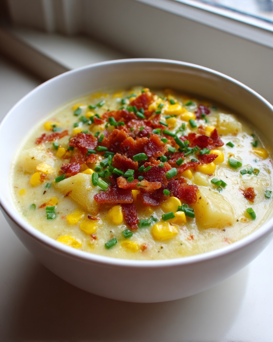 A creamy bowl of corn chowder soup topped generously with crispy bacon bits and fresh chives.