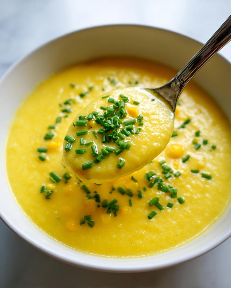 A spoonful of creamy yellow corn soup topped with fresh chopped chives being lifted from a white bowl.