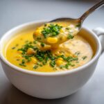 A spoonful of creamy yellow corn soup, full of whole kernels and topped with fresh chives, being lifted from a white bowl.