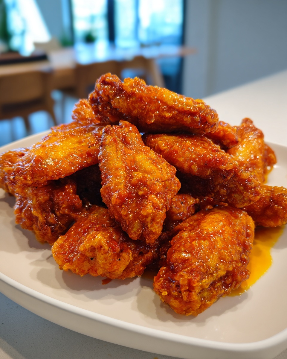 Close-up of a pile of crispy, glazed chicken wings coated in a shiny, orange-red sauce.