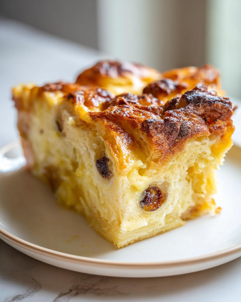 Close-up of a square slice of amazing croissant bread pudding, showing a creamy interior and golden-brown, caramelized top with visible raisins.