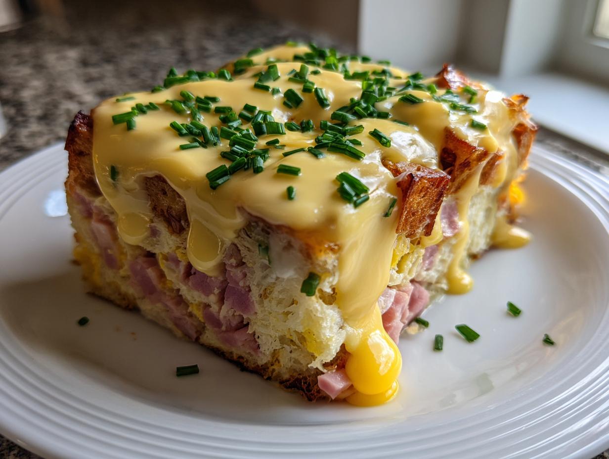 A thick slice of amazing eggs benedict casserole topped with rich hollandaise sauce and fresh chives.