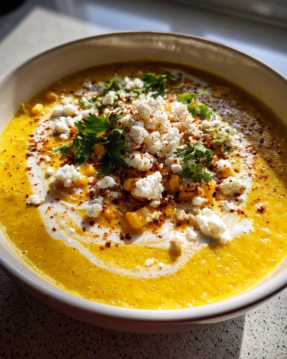 Close-up of a vibrant yellow mexican street corn soup topped with cotija cheese, cream, and cilantro.