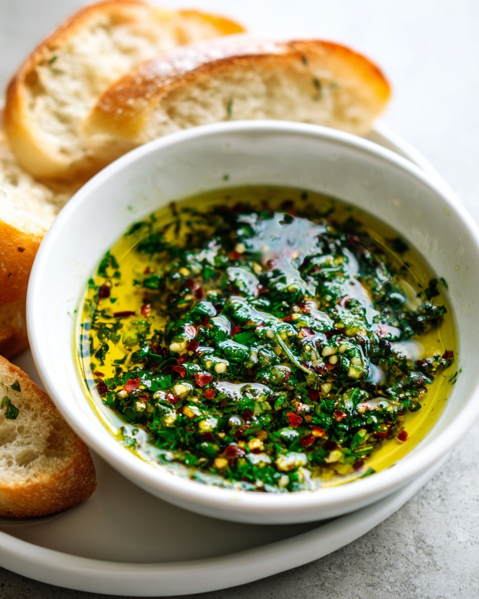 Close-up of a white bowl filled with vibrant olive oil bread dip, featuring green herbs and red pepper flakes, served with sliced baguette.