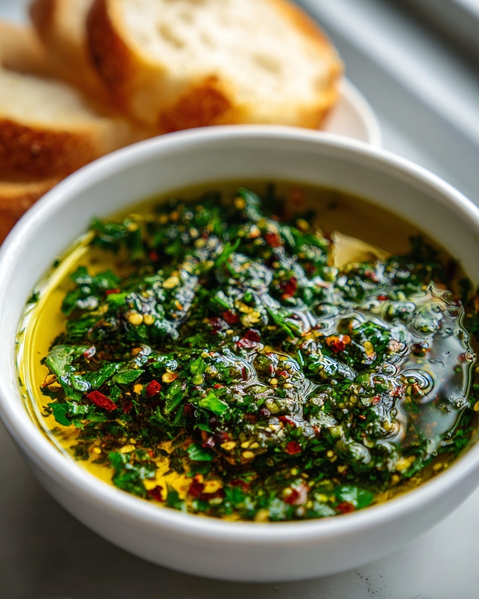 Close-up of a white bowl filled with vibrant green olive oil bread dip, featuring herbs and red pepper flakes.