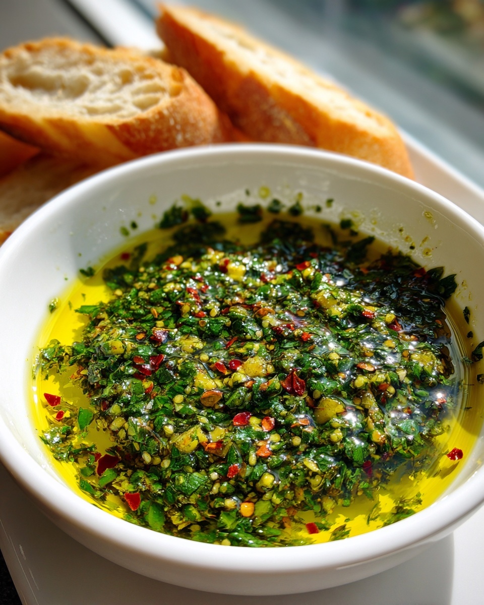 Close-up of a white bowl filled with bright green olive oil bread dip, featuring herbs and red pepper flakes, with bread slices in the background.