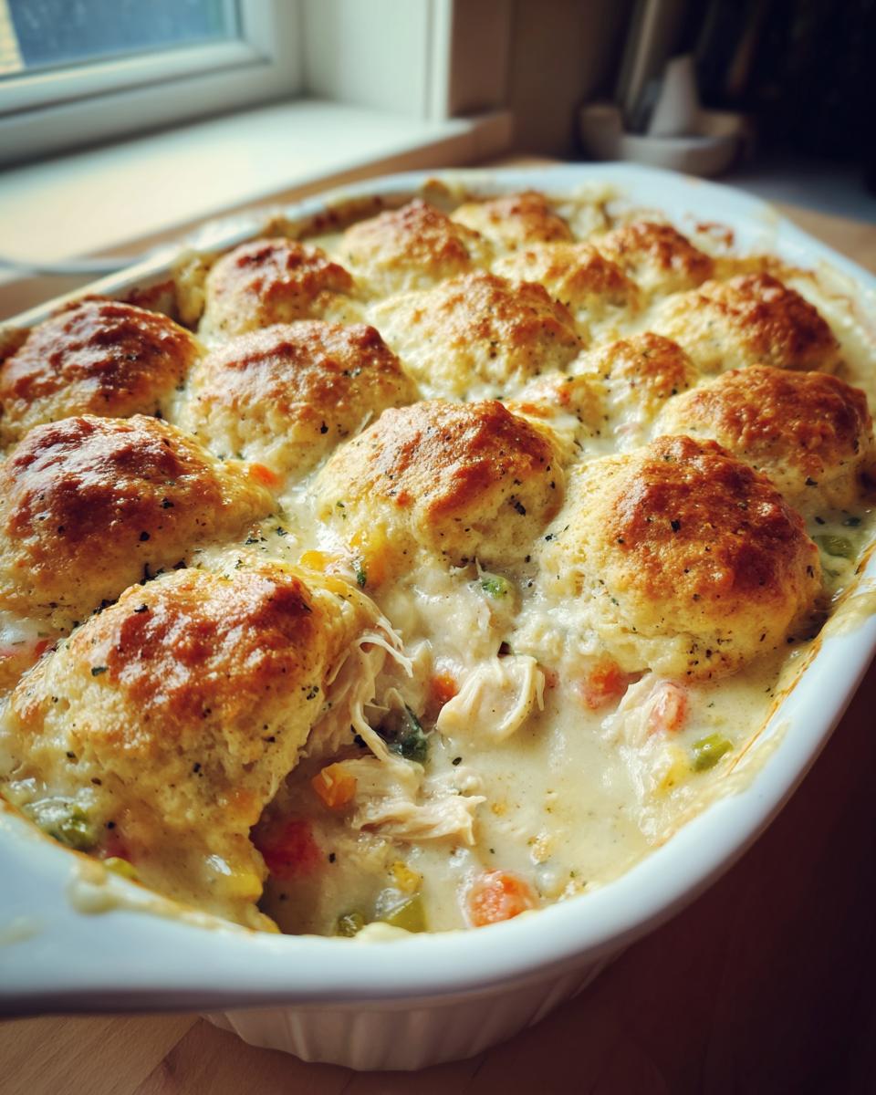 A close-up of an amazing pot pie casserole topped with golden, fluffy biscuits baking in a white dish.