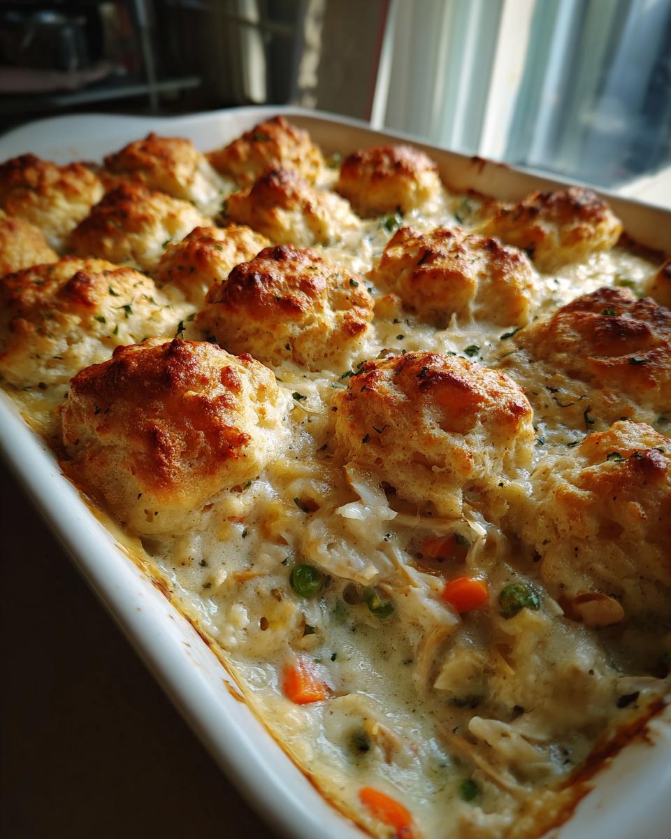 Close-up of a baked pot pie casserole topped with golden, fluffy biscuits in a white baking dish.