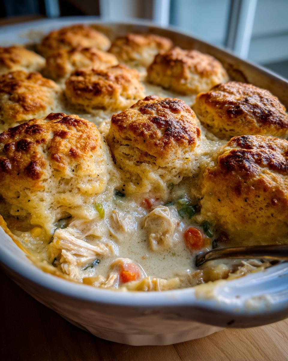 Close-up of a creamy chicken pot pie casserole topped with golden-brown, fluffy biscuits.