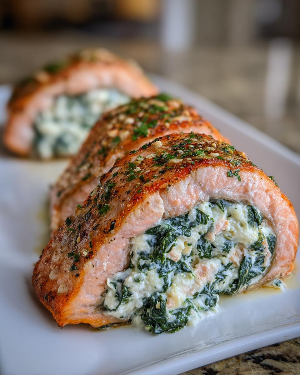 Close-up of perfectly cooked stuffed salmon, showing a creamy spinach filling spilling out slightly.