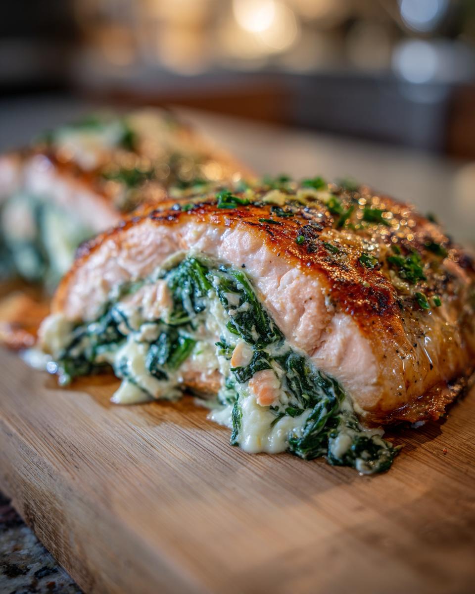 Close-up of a perfectly cooked slice of stuffed salmon, oozing creamy spinach filling, ready to serve.