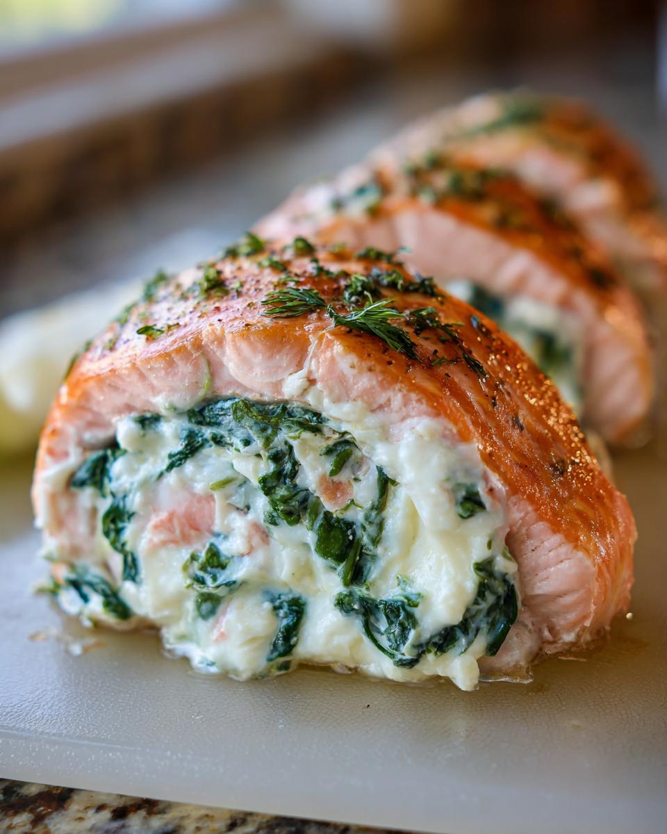 A cross-section of amazing stuffed salmon, showing the rich, creamy spinach and cheese filling inside the cooked salmon fillet.