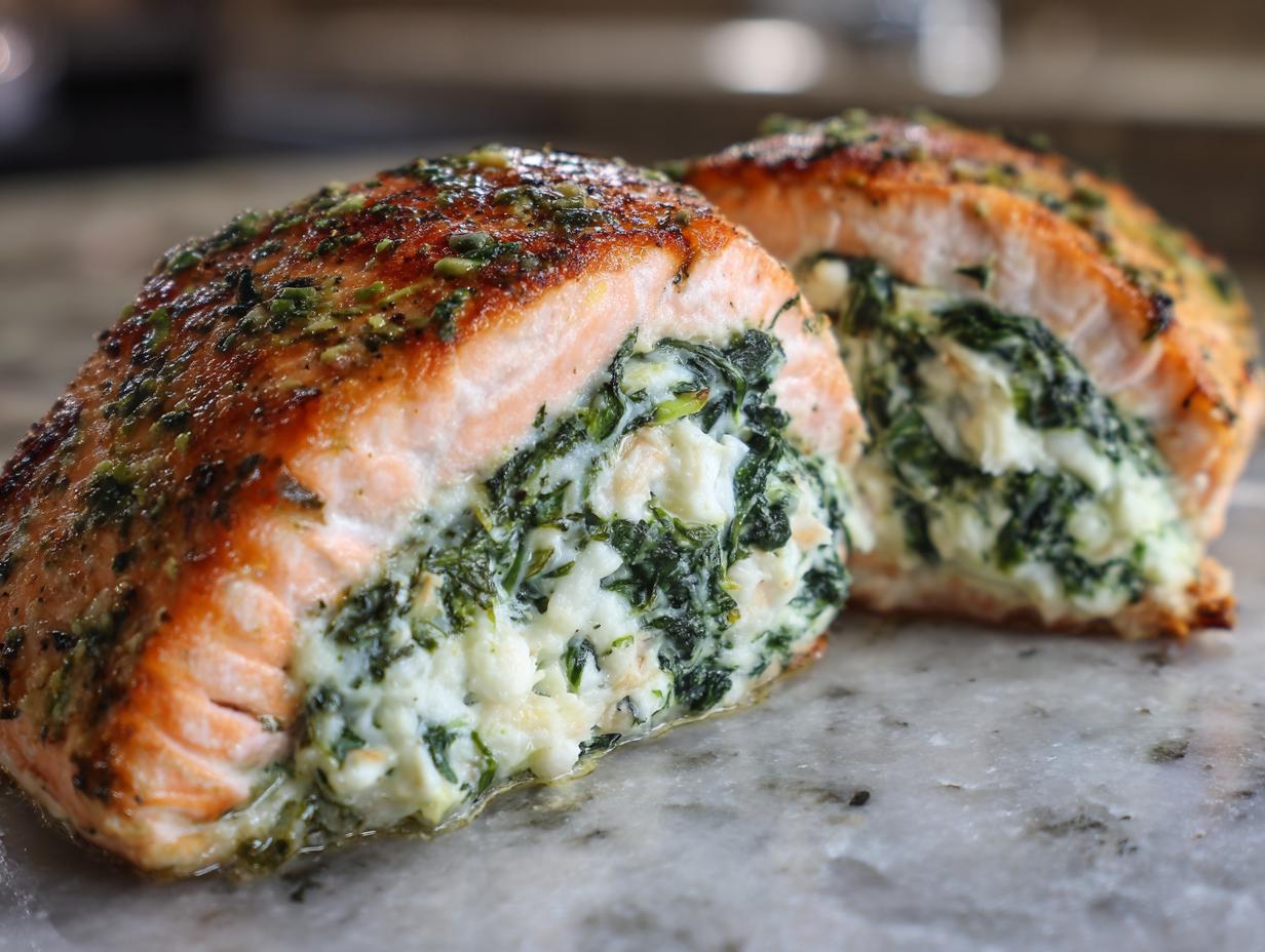 Two halves of amazing stuffed salmon, revealing a creamy spinach and cheese filling inside the perfectly cooked fish.