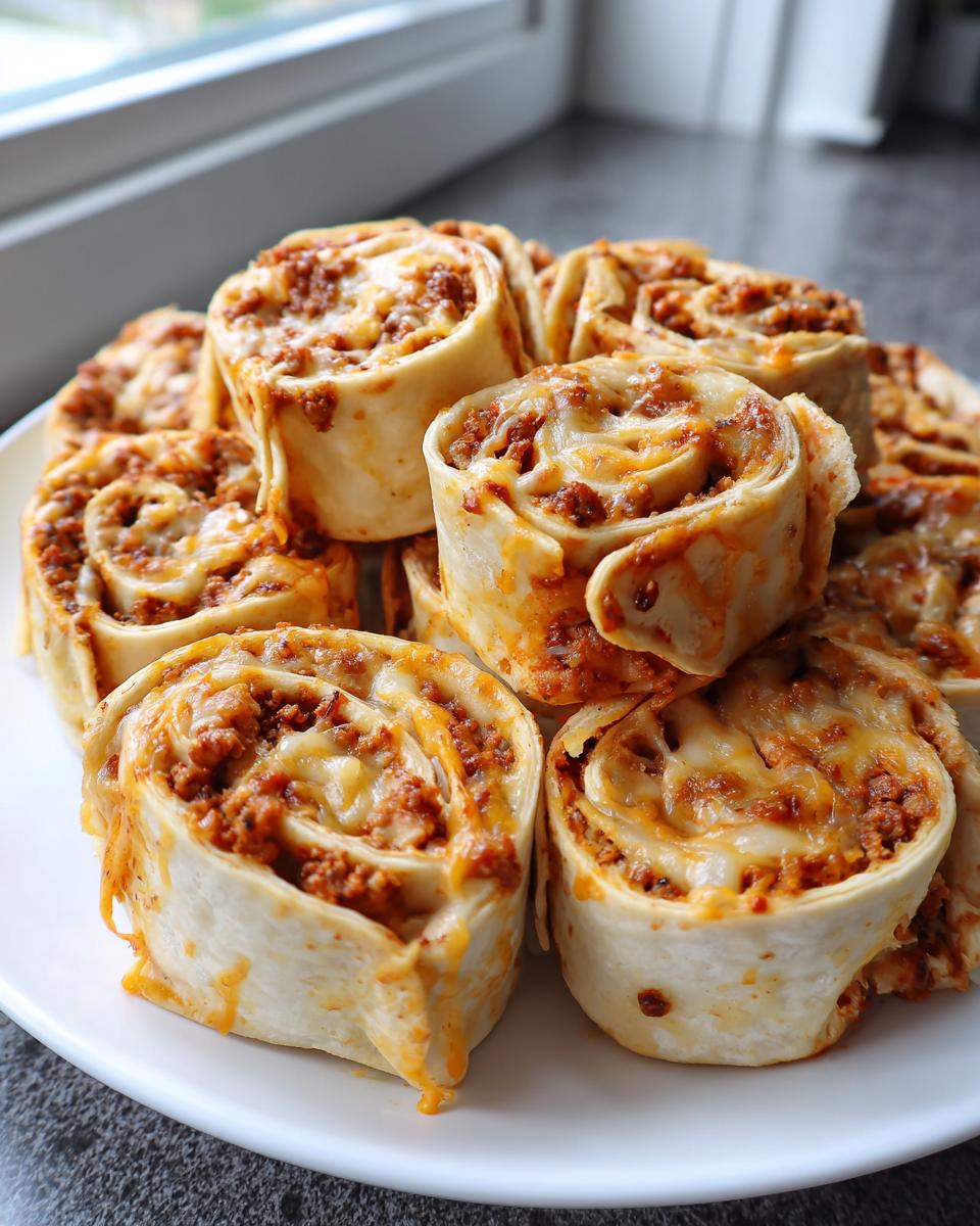 A pile of freshly baked taco pinwheels filled with seasoned meat and melted cheese on a white plate.