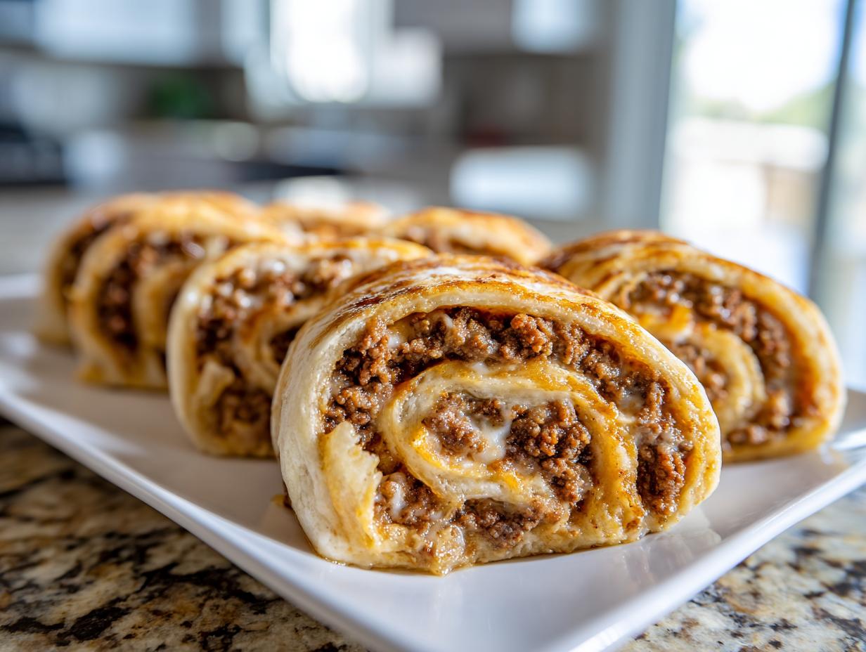 Close-up of baked, savory taco pinwheels filled with seasoned ground beef and cheese, arranged on a white platter.