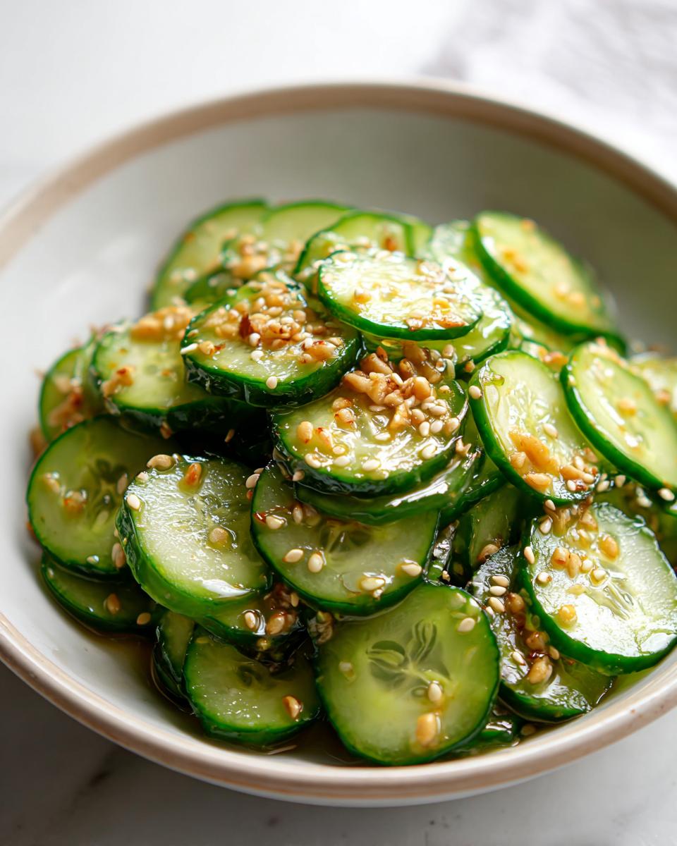 Close-up of thinly sliced cucumbers tossed in a savory dressing, topped with sesame seeds, for an Asian cucumber salad.