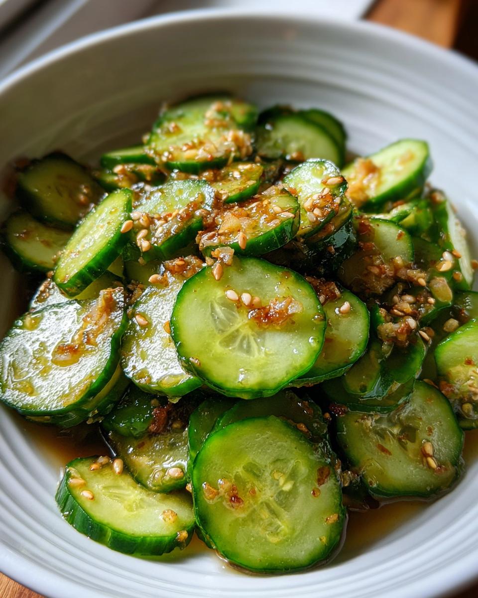 Close-up of vibrant green, thinly sliced cucumbers tossed in a savory dressing, sprinkled with sesame seeds, showcasing the Asian cucumber salad.