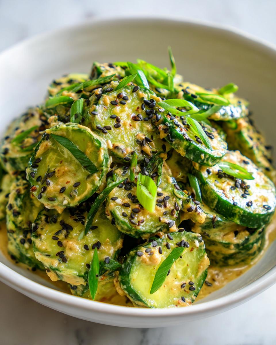 Close-up of sliced cucumbers coated in a creamy peanut butter dressing, topped with black sesame seeds and green onions for an asian cucumber salad.