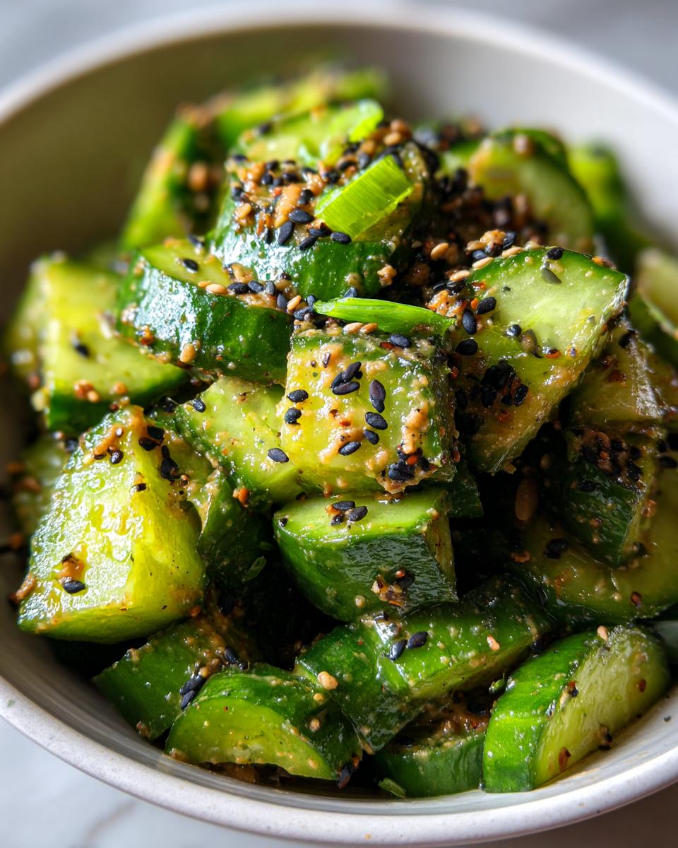 Close-up of chunky, vibrant green cucumber pieces coated in a savory dressing for asian cucumber salad with peanut butter, topped with sesame seeds.