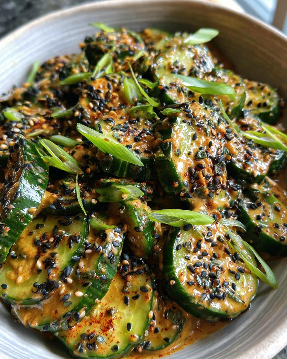 Thickly sliced cucumbers coated in a creamy peanut butter dressing, topped with black sesame seeds and green onions, showcasing the asian cucumber salad.