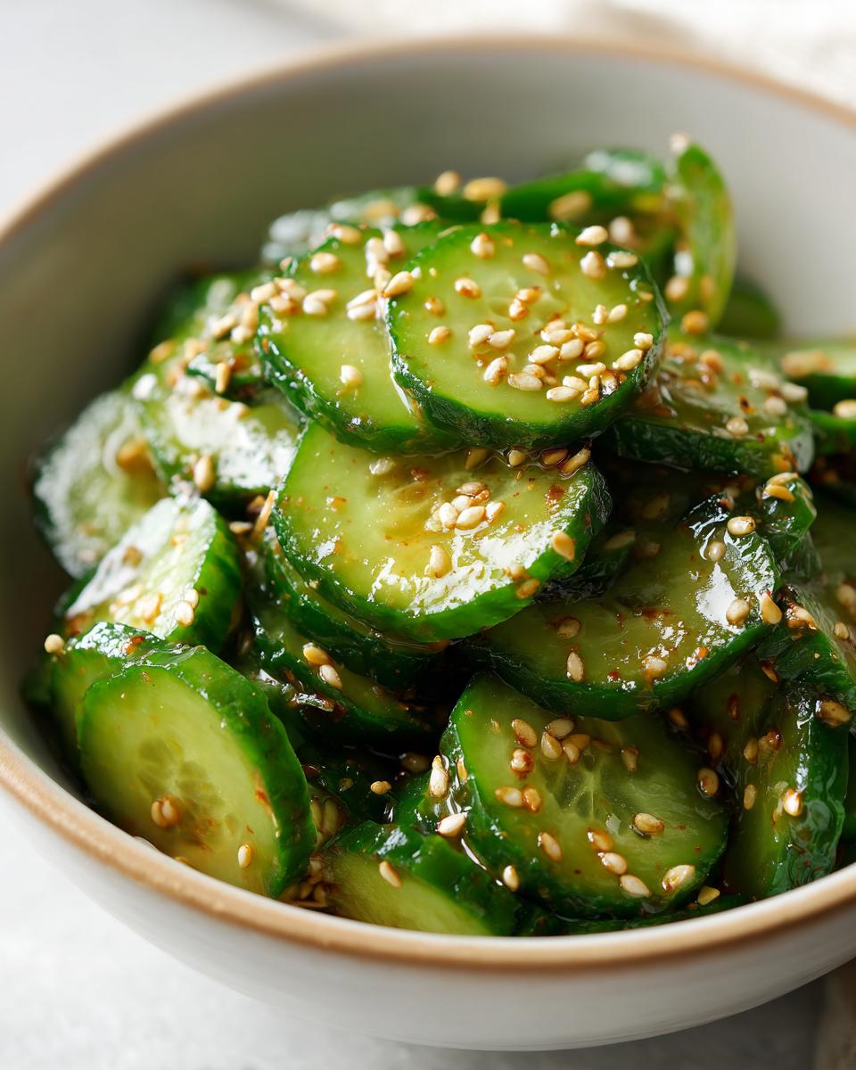 Close-up of vibrant green slices in an Asian cucumber salad, glistening with dressing and topped generously with toasted sesame seeds.