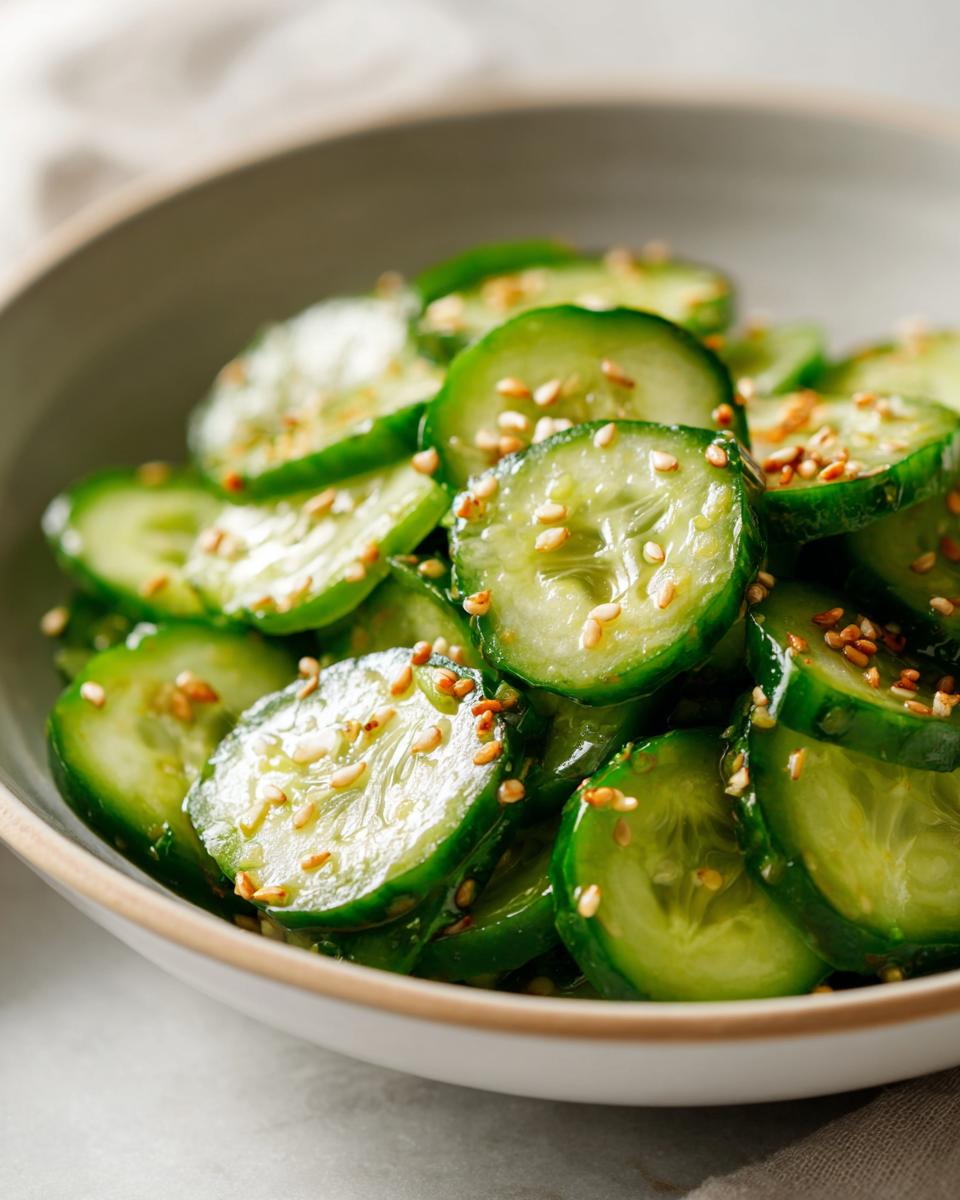 Close-up of glistening, thinly sliced cucumbers tossed in dressing and topped with toasted sesame seeds for Asian cucumber salad.