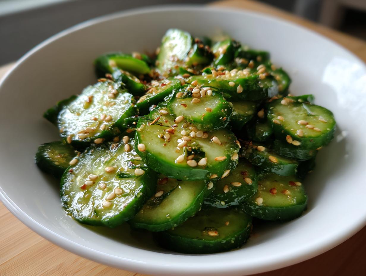 Close-up of vibrant green Asian cucumber salad slices tossed in dressing and topped with sesame seeds.