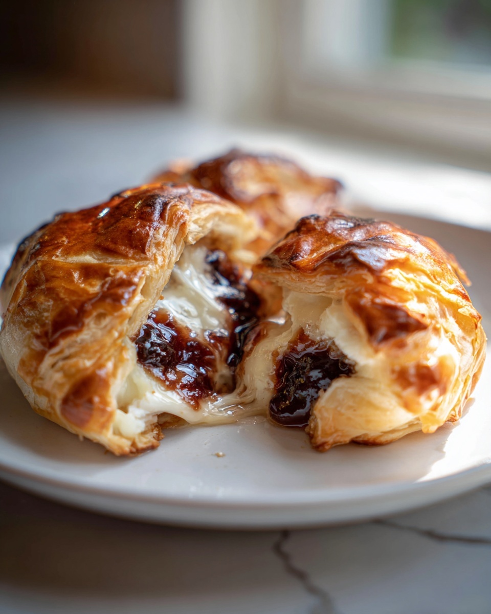 Close-up of baked brie in puff pastry cut open to show melted cheese and dark jam filling.