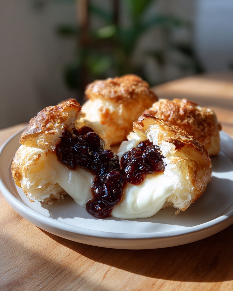 Close-up of baked brie in puff pastry cut open, revealing melted cheese and dark fruit jam topping.