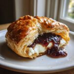 Close-up of baked brie in puff pastry cut open to show melted cheese and dark fruit jam.