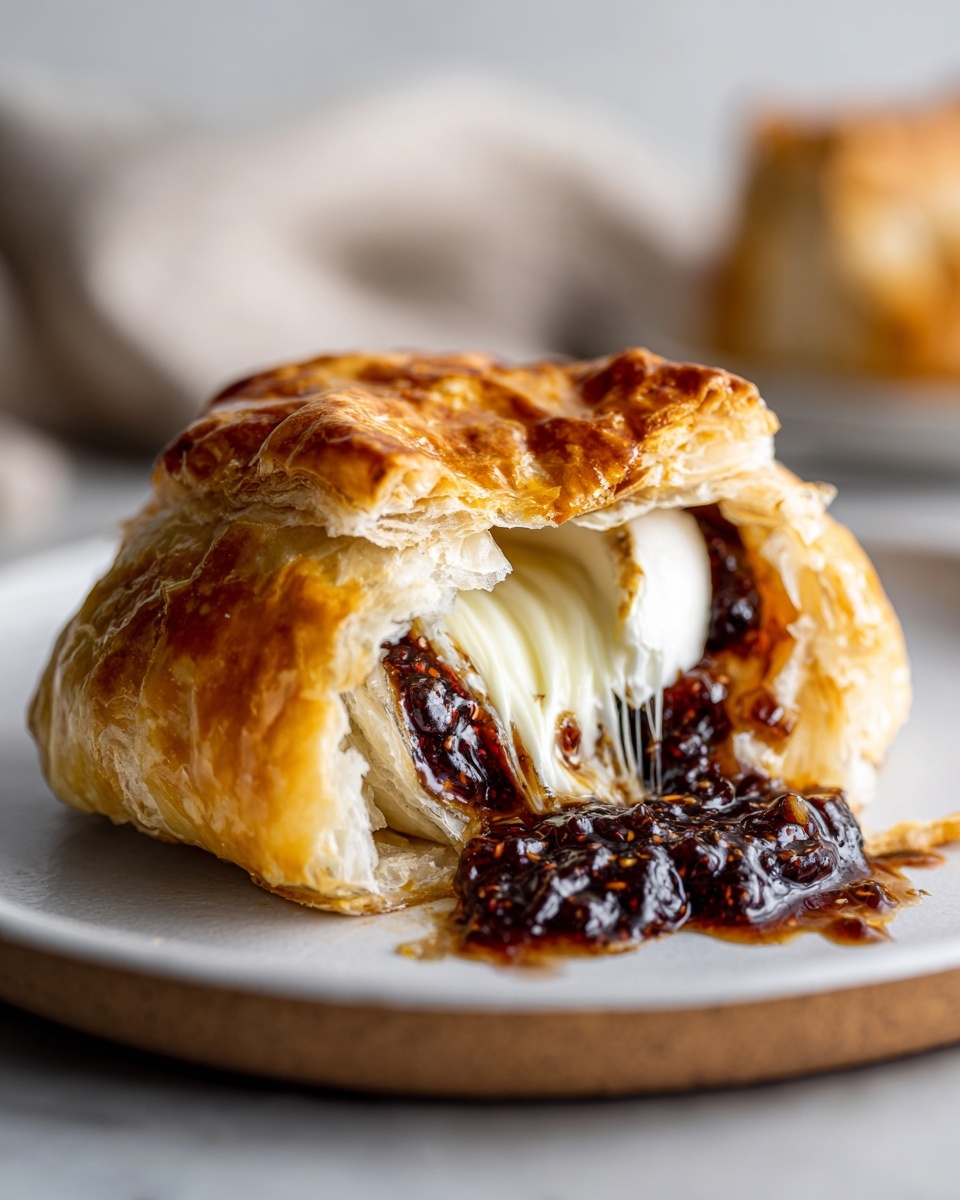 Close-up of baked brie in puff pastry, oozing melted cheese and dark fig jam onto a white plate.