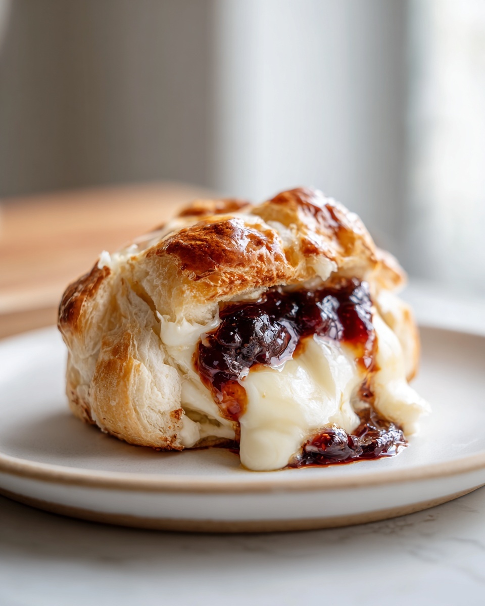 Close-up of baked brie in puff pastry, oozing melted cheese and dark fruit jam on a white plate.