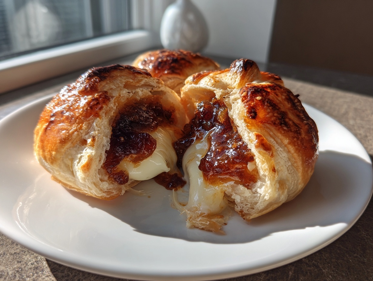 Close-up of a golden baked brie in puff pastry cut open to show melted cheese and jam topping.